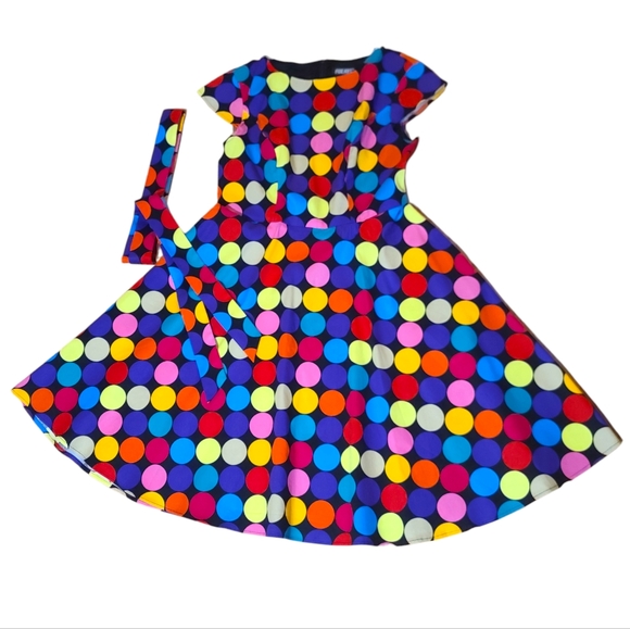 New Women's Retro Polka Dot Vintage Swing Dress With Belt & Pockets, Size L - Picture 3 of 8